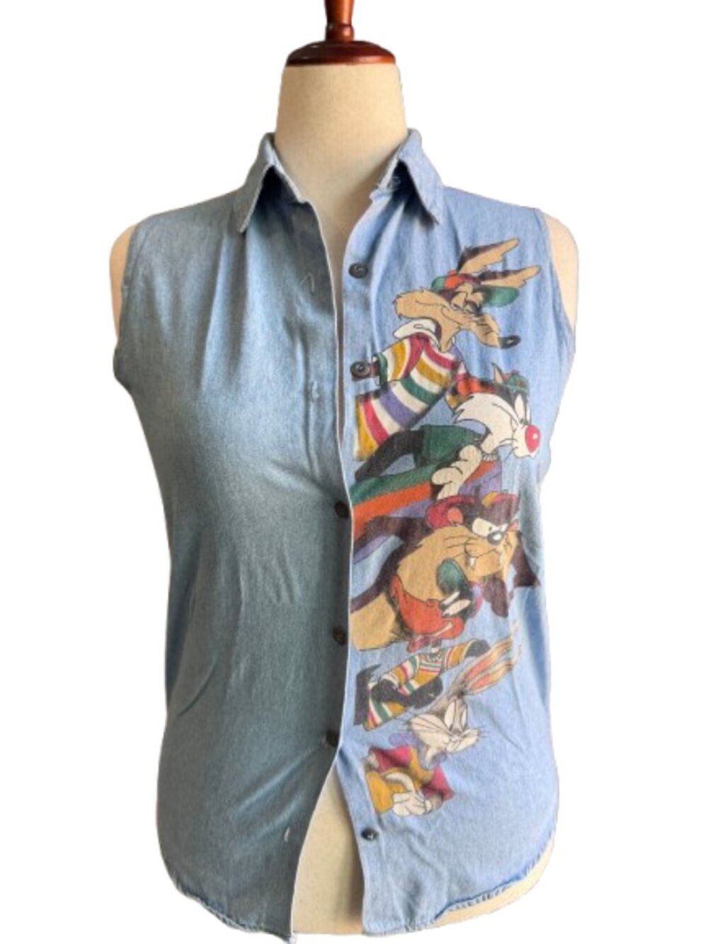 VTG 90s Jerry Leigh Looney Tunes Denim Sleeveless Button Up Shirt USA (Size S)